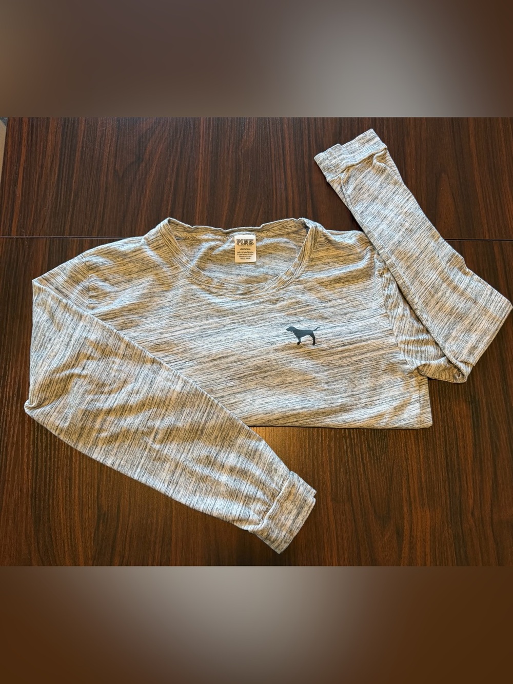 PINK VS Women’s Heather Gray Long Sleeve Crop Tee w/Dog Logo Size L
